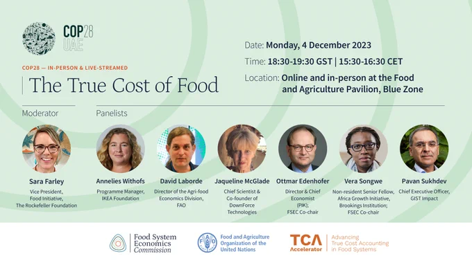 COP28 EVENT: The True Cost of Food

Date: Monday, 4 December 2023

Time: 18:30-19:30 GST 

Location: Online and in-person at the Food and Agriculture Pavillion, Blue Zone

Moderator: Sara Farley, Vice President, Food Initiative, The Rockefeller Foundation

Panelists:
Annelies Withofs, Programme Manager, Ikea Foundation
David Laborde, Director of the Agri-food Economics Division, FAO
Jaqueline McGlade, Chief Scientist and Co-founder of DownForce Technologies
Ottmar Edenhofer, Director & Chief Economist (PIK); FSEC Co-chair
Vera Songwe, Non-resident Senior Fellow, Africa Growth Initiative, Brookings Institution, FSEC Co-chair
Pavan Sukhdev, Chief Executive Officer, GIST Impact