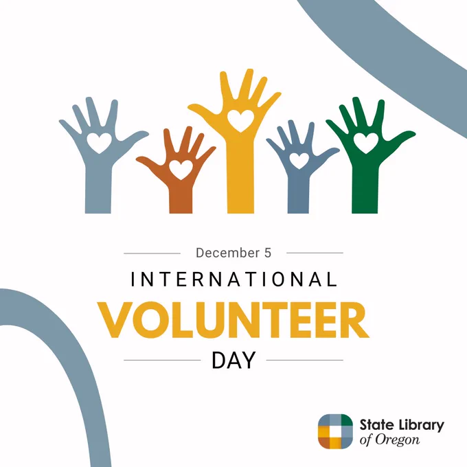 Graphic hands raised in yellow, blue, green, and orange withe a heart on each hand. Text says December 5 International Volunteer Day.