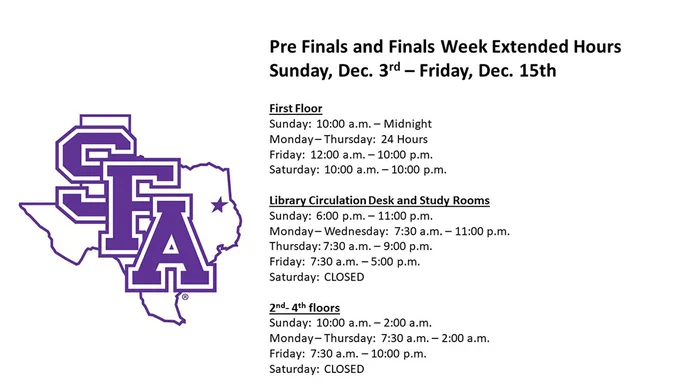 Extended Hours for Pre-Finals and Finals Week!  Good luck to everyone!
