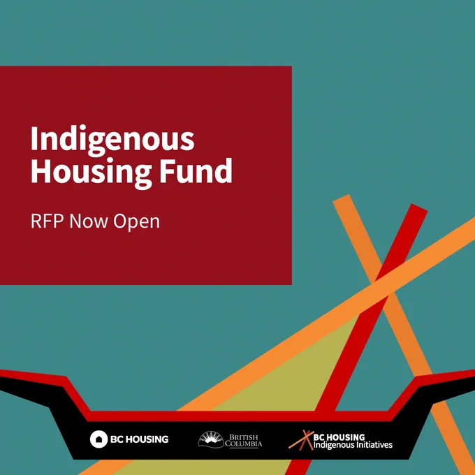 Indigenous Housing Fund. RFP Now Open. Graphic denoting indigenous iconography with BC Housing, Province of British Columbia and BC Housing Indigenous Initiatives logos.