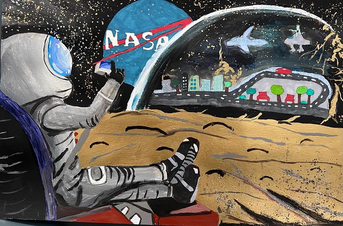 Second grader Ellison Lee's 2023 art contest entry, a drawing of an astronaut relaxing on a distant planet with a domed base in the background filled with buildings, roads and an airplane, with the NASA logo seen in the sky in the distance