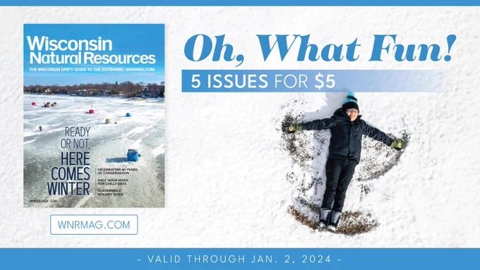 A graphic with text that says "Oh, what fun!" on top of an image of a kid making a snow angel and a cover of Wisconsin Natural Resources magazine.