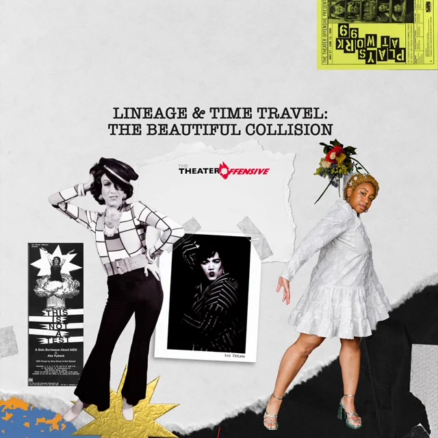 a collage of TTO founder Abe Rybeck in a fierce pose with one arm behind his head juxtaposed with current TTO resident Artist Victoria Lynn Awkward posing powerfully with a bouquet of flowers.