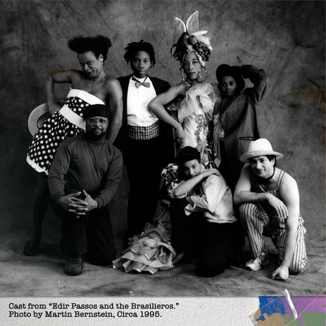 An archive image of TTO performers pose for a  group shot with varied expressions of joy, pride and mystique promoting "Edir Passos and the Brasilieros" circa 1995.