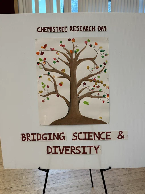 Poster of a tree with thumbprint leaves in different colors. Text reads “Chemistry Research Day” and “Bridging Science and Diversity.”