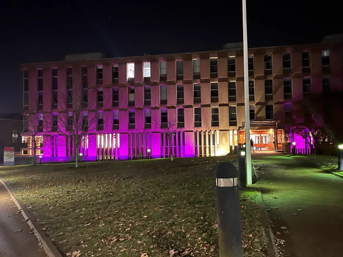 Whiteknights House lit up in purple