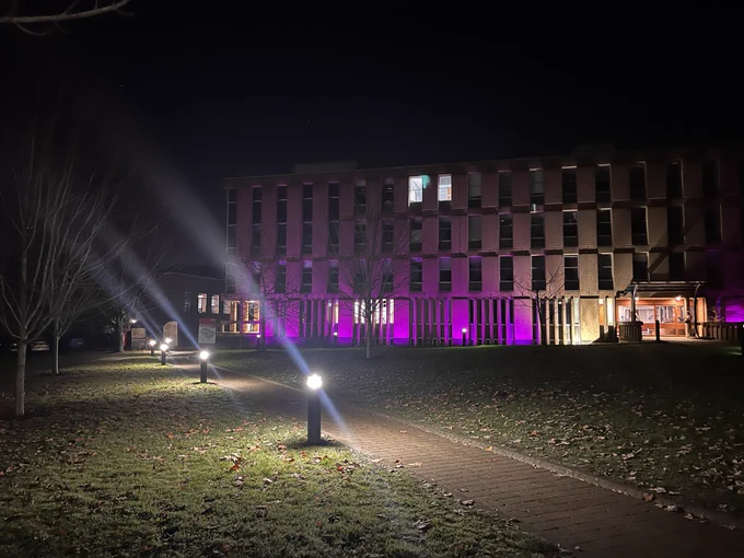 Building lit up in purple