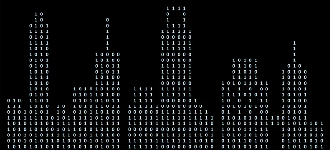 Binary (0 and 1s) are arranged to create the shape of a city skyline