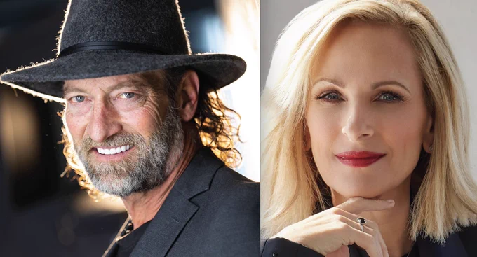 Hosts of the 2023 Media Access Awards, Actors Troy Kotsur who is wearing a gray hat and gray blazer and Marlee Matlin who is wearing a black top 