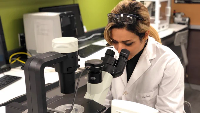 Nafiseh Moghimi looking into a microscope in a lab.