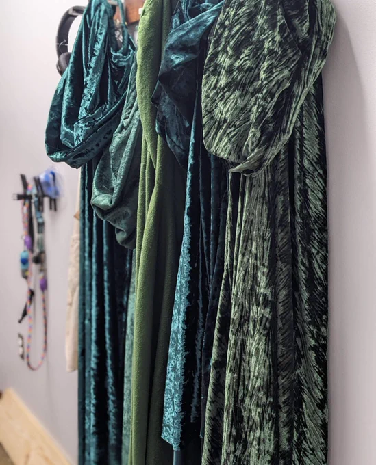 image of 4 cloaks hanging on a wall, followed by a close up of a brass button with a tree