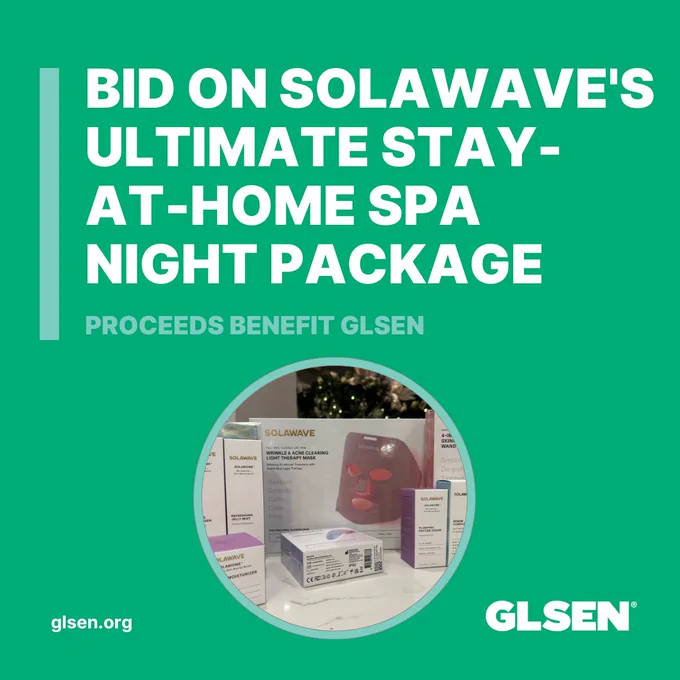 On a green background bold white text reads "Bid On Solawave's Ultimate Stay-at-Home Spa Night Package" and features an image of a bundle of Solawave products. 