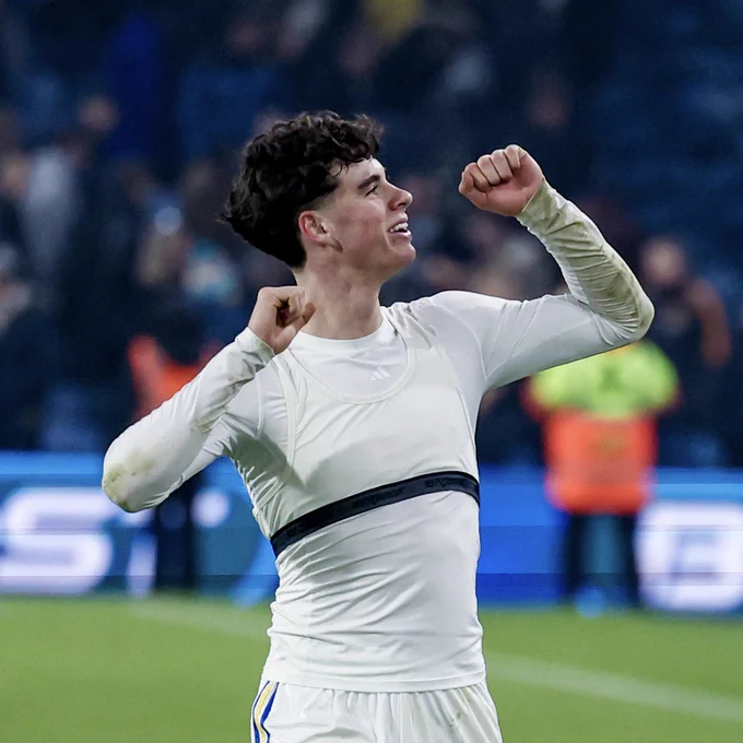 Archie Gray celebrates after today’s win over Middlesbrough