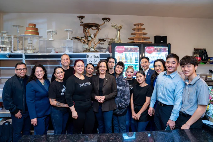 Vice President Harris, Second Gentleman Douglas Emhoff, SBA Administrator Isabel Guzman, and Rep. Ted Lieu visit Venice Bakery & Restaurant on Small Business Saturday.