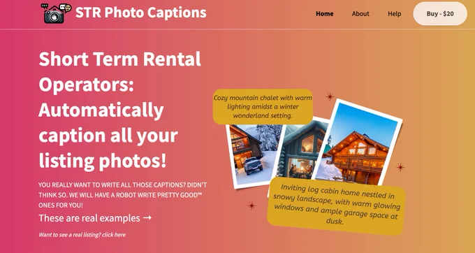 screenshot of landing page offering a service where folks can have their short term rental property listing photos captioned automatically for $20.
