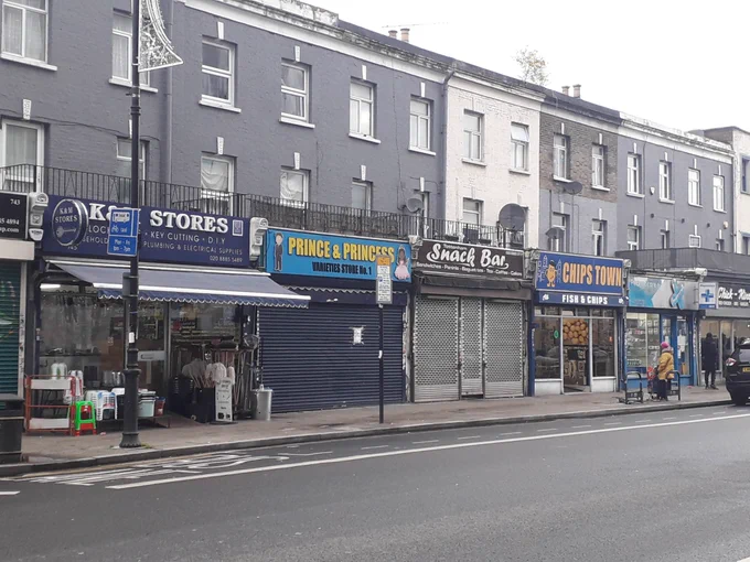 The Tottenham High Road row of shops with Chick King on it