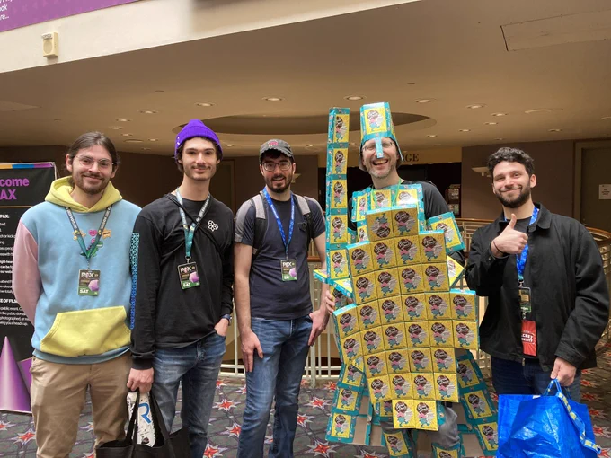 Sweet Knight Shawn standing with 4 Kickstarter backers