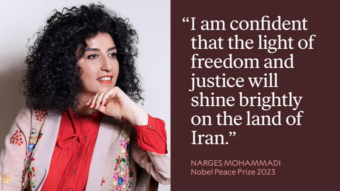 Picture of Narges Mohammadi. Next to the picture if a burgundy text box with a quote by her: " I am confident that the light of freedom and justice will shine brightly on the land of Iran." 