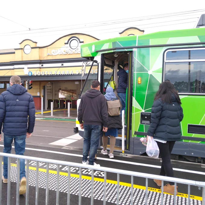High floor tram at a platform stop