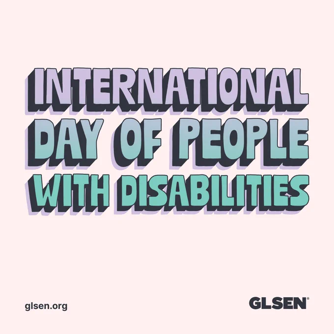 On a light pink background bold text reads "International Day of People With Disabilities". The text fades from purple to green.
