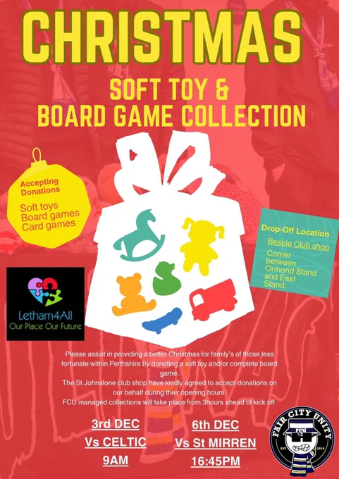 Toy collection outside The Saints Shop for charity Letham 4 All. 9am till 11.45am.