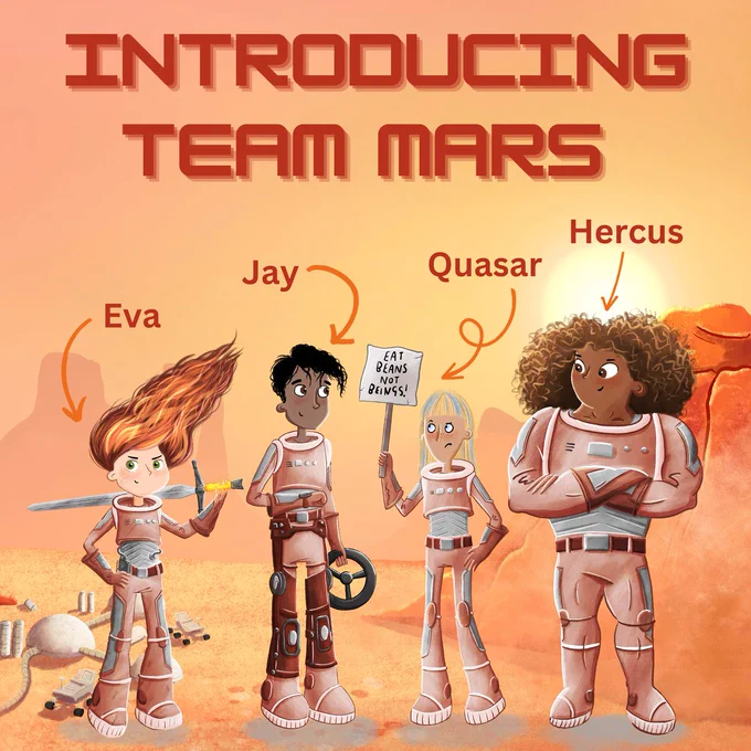 The main cast of Ghosts of Mars, from L to R:
Eva Knight, Jay Darcy, Quasar Jones, Hercus Armstrong
The background is of a Martian colony.
The headline read: Introducing Team Mars