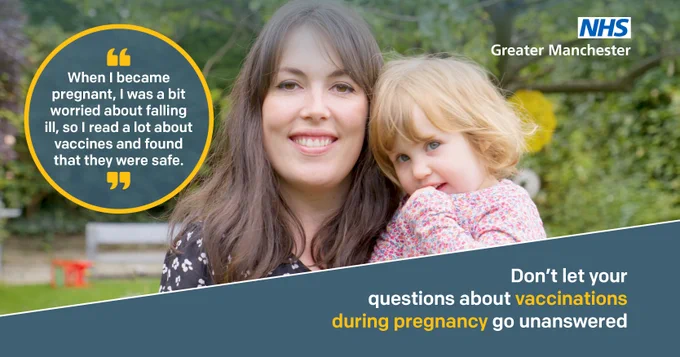 Image contains an image of a woman in her garden posing with her daughter. There is a quote to her left that reads: ”when I became pregnant, I was a bit worried about falling ill, so I read a lot about vaccines and found that they were safe.”
More text at the bottom of the image reads: don’t let your questions about vaccination during pregnancy go unanswered.  
