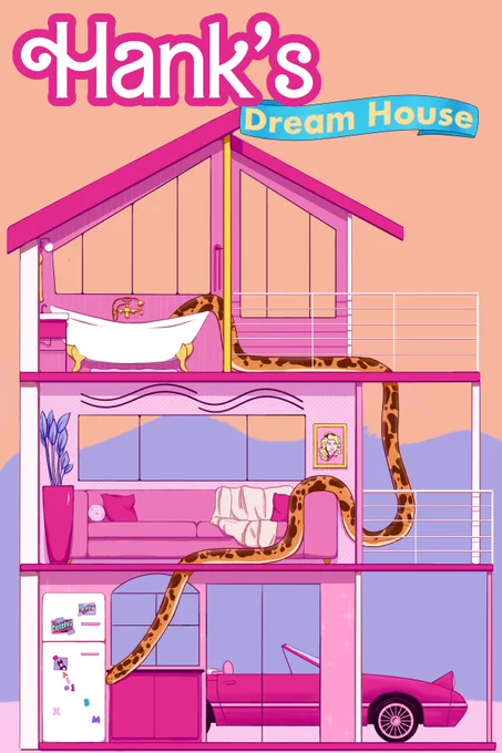 a drawing of Hank's Dream House. The house is pink and purple, and Hank the yellow and brown snake is enjoying her house. She also has a hot pink car.