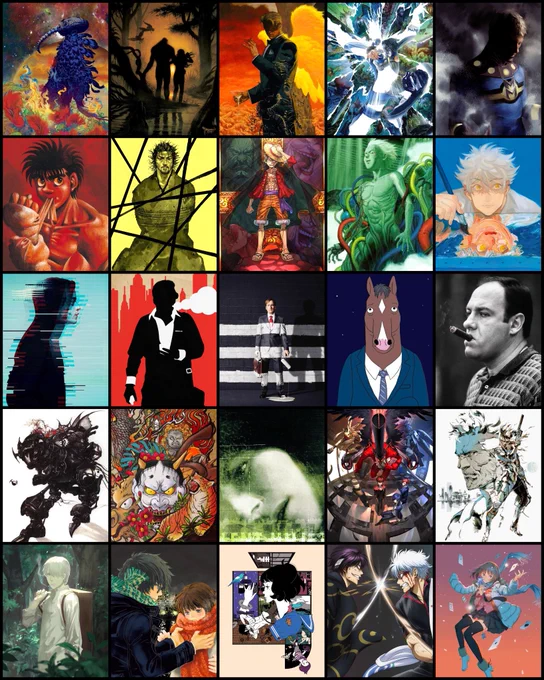 The Sandman 
Saga Of The Swamp Thing 
Lucifer 
Secret Wars 2016 Saga 
Miracleman
Hajime No Ippo 
Vagabond 
One Piece 
Akira 
Blue Period 
Mr.Robot 
Mad Men 
Better Call Saul 
Bojack Horseman
The Sopranos 
Final Fantasy VI
Yakuza 5 
Silent Hill 2
Persona 4 Golden & Persona 5 Royal 
Metal Gear Solid 2
Mushi-Shi 
3-Gatsu 
Tatami Galaxy 
Gintama 
Monogatari