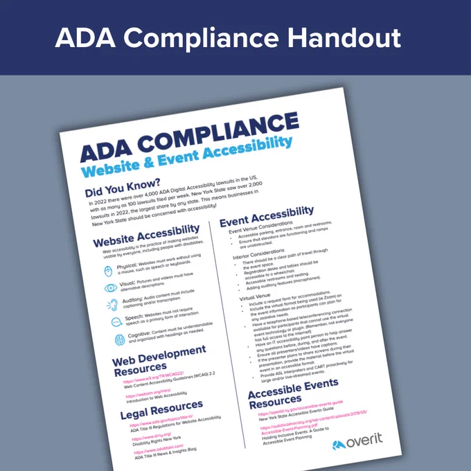 A handout saying "ADA Compliance: Website & Event Accessibility" on a gray background. 