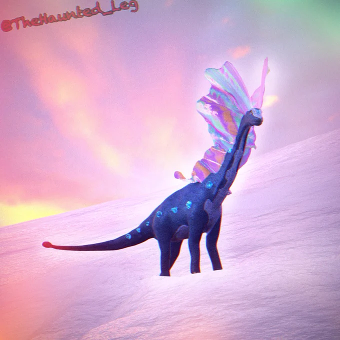 The aurora dinosaur Pokémon Aurorus standing in a snowscape filled with warm lights
