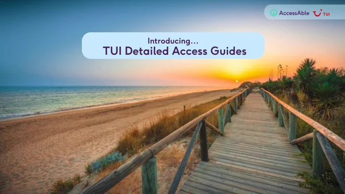 A sandy beach at sunset with text introducing the TUI Detailed Access Guides