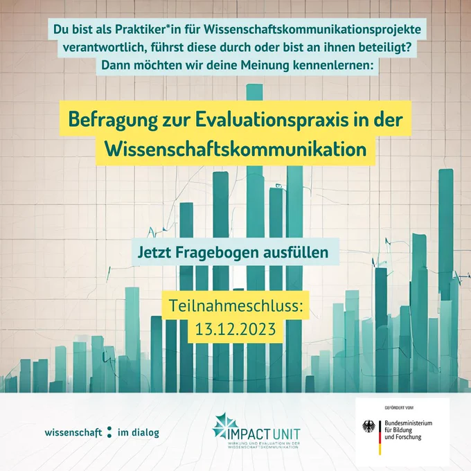 Sie sind als Praktiker*in für Wissenschaftskommunikationsprojekte verantwortlich, führen sie durch oder sind an ihnen beteiligt? Dann möchten wir Ihre Meinung kennenlernen: Befragung zur Evaluationspraxis in der Wissenschaftskommunikation. Jetzt Fragebogen ausfüllen. Teilnahmeschluss: 13.12.2023.