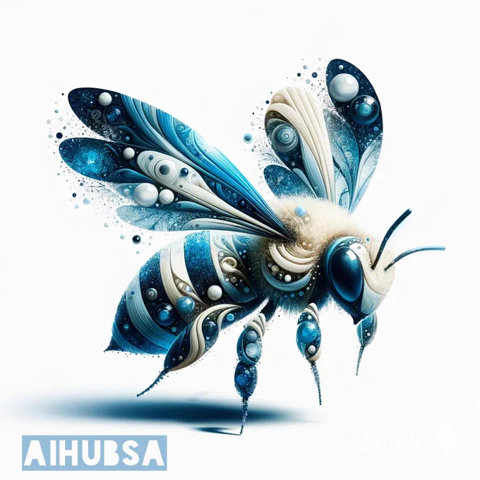 An image of a bee artistically represented, incorporating elements of creativity and environmental responsibility. The bee is designed with an imaginative and abstract approach, using a color palette that suggests a cool, icy theme with blues and whites. The composition should convey the bee's importance in the natural world and its role in environmental sustainability, rendered in an artistic and thought-provoking style.
