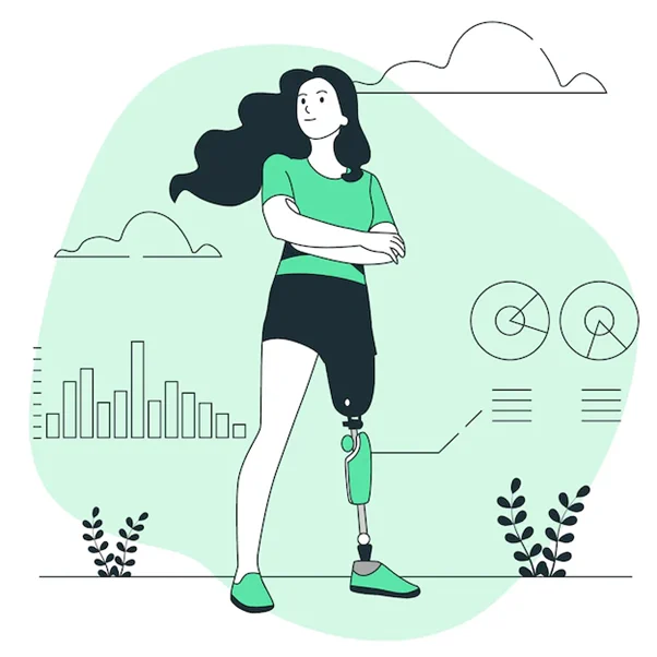 A woman with a prosthetic leg stands with her arms folded looking off into the far distance. Behind her is a green circle, charts and graphs, outlines of clouds, and some plants at the bottom of the image.