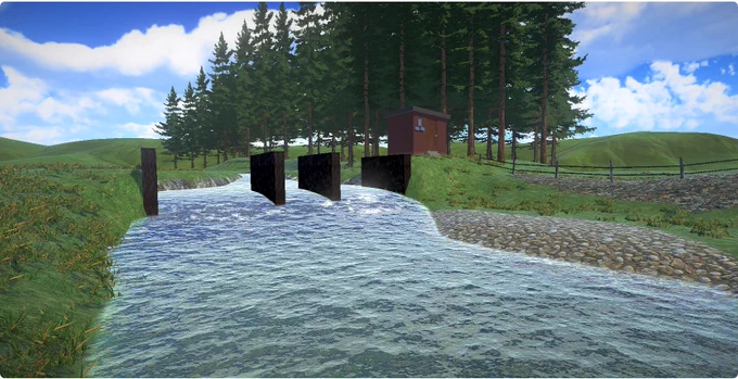 A digital shot of the virtual reality experience uploaded into the VR headsets. The shot shows a stream going from the right of the shot towards the left and back. In the distance, there is a cluster of trees.