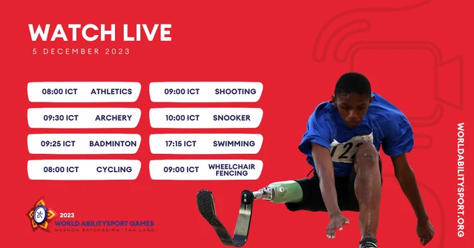 The schedule for Tuesday 5 December at the 2023 World Abilitysport Games:
08:00 athletics
09:00 Shooting
09:30 Archery
09:25 Badminton
08:00 Cycling
10:00 Snooker
09:00: Wheelchair fencing
17:15: Swimming
All times are local (ICT)
