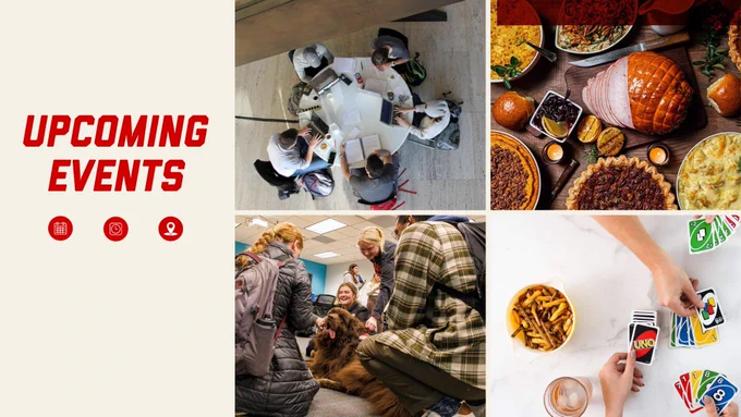 Graphic that reads "Upcoming Events" next to four images representing events happening on campus this week, including 1. Students study at a table in Sheldon Museum of Art; 2. Ham, pies, and other holiday side dishes sit on a table; 3. Students pet a therapy dog at Big Red Pawp-Up; 4. Hands playing UNO Card game on a table