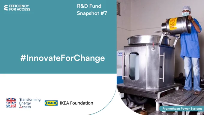 An infographic with the logos for Efficiency for Access, UK Aid: Transforming Energy Access, and IKEA Foundation. The strapline reads #InnovateForChange 

There is also a photo of a person tipping milk from a container into a fridge.  