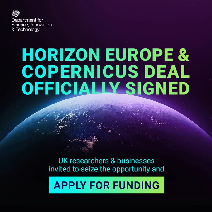 Satellite image of earth with text reading "Horizon Europe & Copernicus deal officially signed. UK researchers & businesses invited to seize the opportunity and apply for funding."