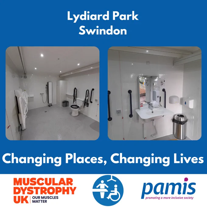 The interior of the New Changing Places toilet, showing the peninsular toilet and washbasin, grab rails, privacy screen, and adult-sized changing bench. The graphic shows the Changing Places, MDUK and PAMIS logos. Text says: Lydiard Park, Swindon, Changing Places, changing lives