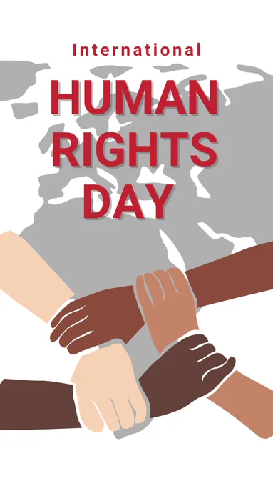 Graphic for human rights day with 4 hands holding each others wrists. 