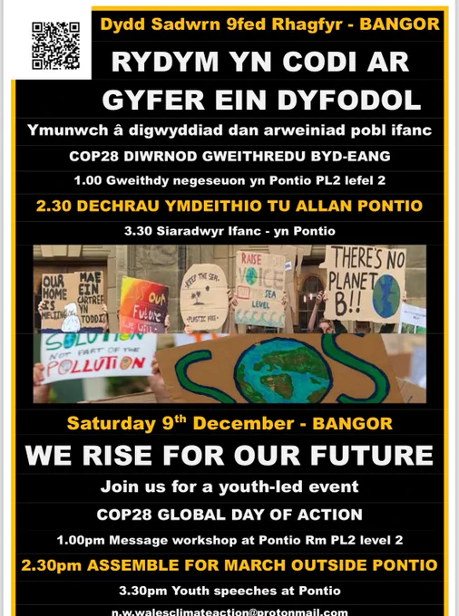Black and white poster with image of environmental action signs, adverstising 'We Rise For Our Future' climate event in Bangor, December 9th