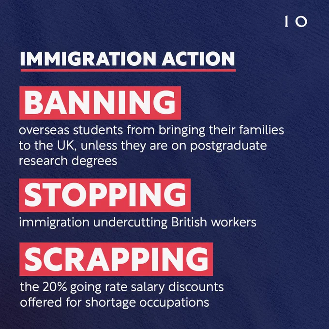 Immigration action. Banning overseas students from bringing their families to the UK, unless they are on postgraduate research degrees. 
Stopping immigration undercutting British workers 
Scrapping the 20% going rate salary discounts offered for shortage occupations 