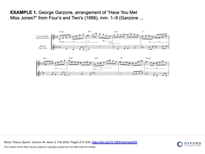 George Garzone, arrangement of “Have You Met Miss Jones?” from Four’s and Two’s (1996), mm. 1–9 (Garzone 2009, 59). My annotations highlight triads embedded in the countermelody.
