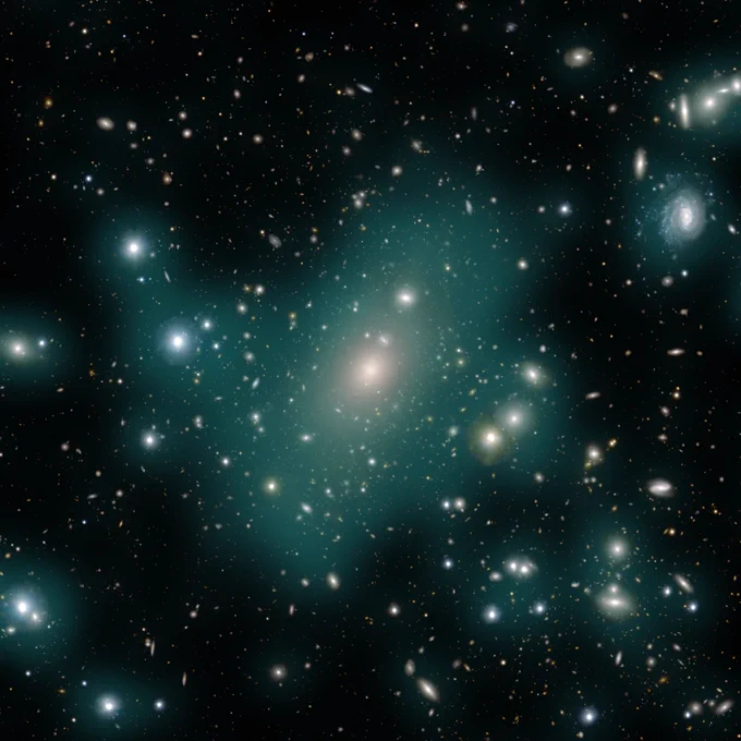 A smattering of hundreds of galaxies of different shapes and sizes against a black background, Semi-opaque teal blobs surround and connect many of the galaxies, tracing the distribution of the countless wandering stars that make up the intracluster light. The ghostly teal glow is primarily concentrated in an irregular shape around the galaxies in the center of the image, but some larger individual galaxies off to the sides have their own separate glows.