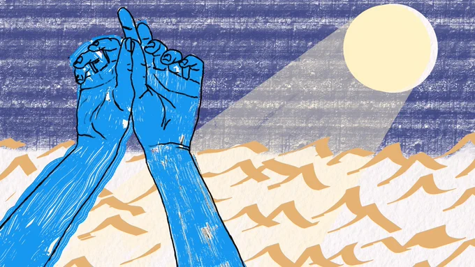 An illustration taken from the article "My Ancestors Healed by the Water, Too," a poem by Shivani Kumar. The image is of two blue-colored hands drawn up to the forearms which are reaching towards the sky, against light orange colored waves, a purple sunset sky, and a yellow sun beaming on the right side of the illustration. Illustration by Damiane Nickles.