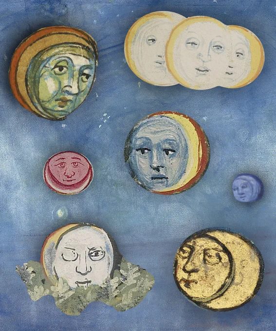 An edit featuring different moon faces from Getty's medieval manuscripts arranged in against the night sky