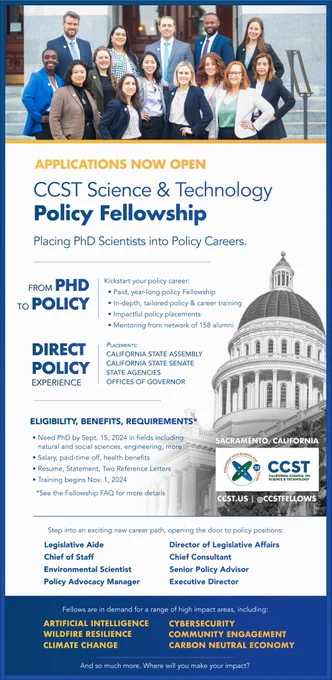 A poster featuring a photo of the 2023 Fellows up top, then a list of details and requirements for the Fellowship, as well as a black and white photo of the California State Capitol and CCST's logo.