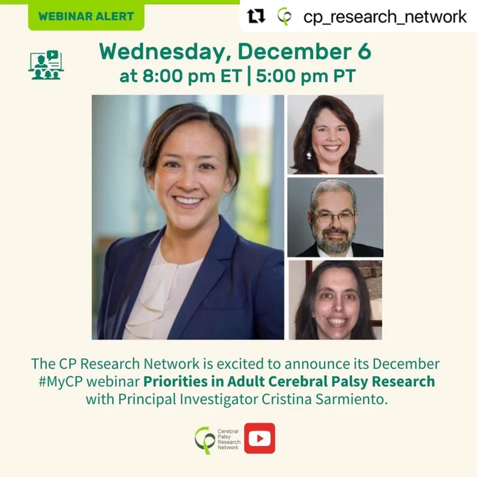 a collage of four photos of researchers investigating priorities in adult cerebral palsy research. promotional text advertising an upcoming webinar. sign up at https://cprn.org/portfolio-item/priorities-in-adult-cp-research/